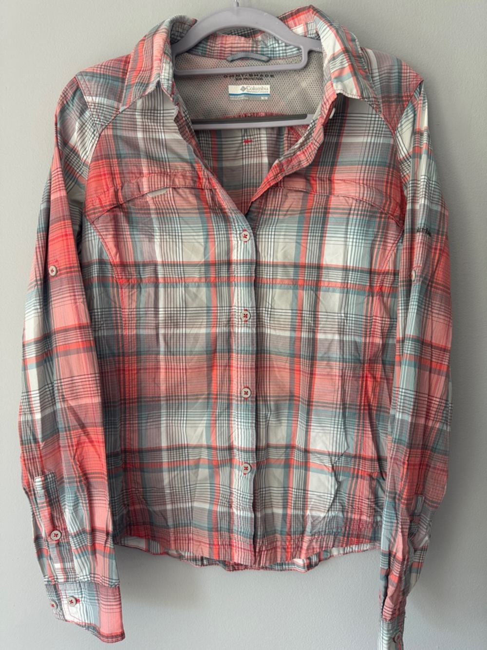 Columbia Coral, Gray and White Plaid Long-Sleeve Shirt
